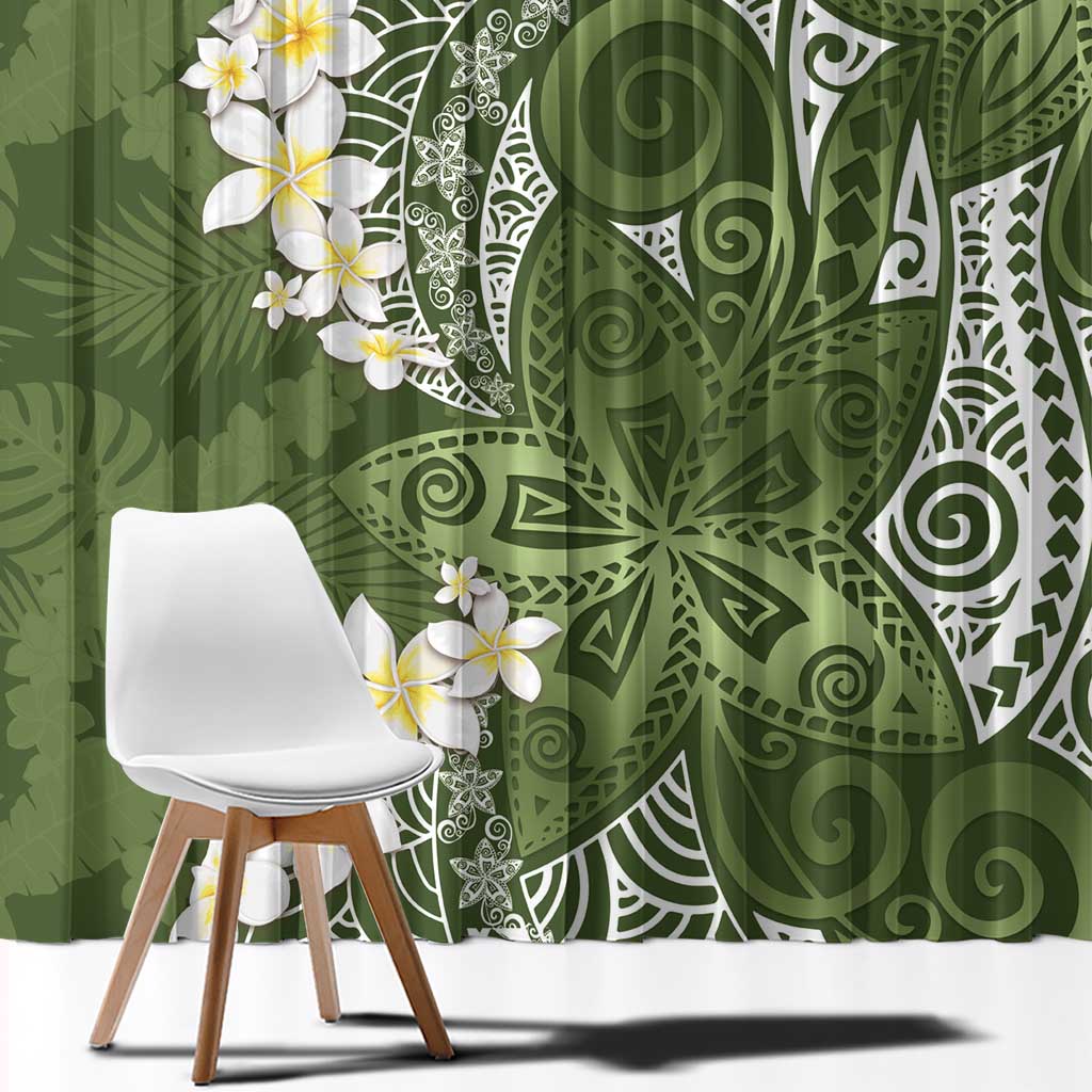 Green Polynesian Tribal Frangipani Tropical Vibe Window Curtain