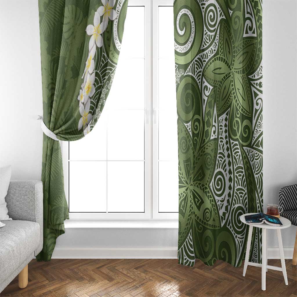 Green Polynesian Tribal Frangipani Tropical Vibe Window Curtain
