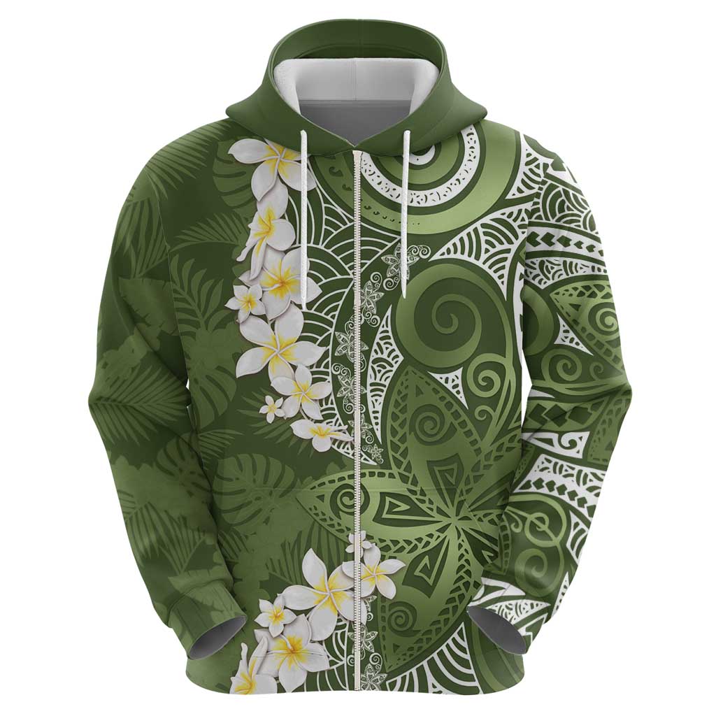 Green Polynesian Tribal Frangipani Tropical Vibe Zip Hoodie LT14 - Polynesian Pride