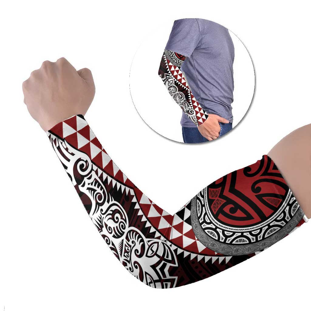 Red Aotearoa Niho Taniwha Arm Sleeves Maori Mythology Tooth - Taniko Motifs - Polynesian Pride