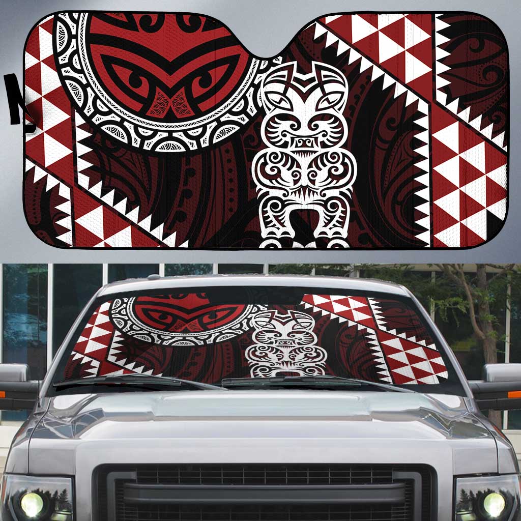Red Aotearoa Niho Taniwha Auto Sun Shade Maori Mythology Tooth - Taniko Motifs LT14 Red - Polynesian Pride