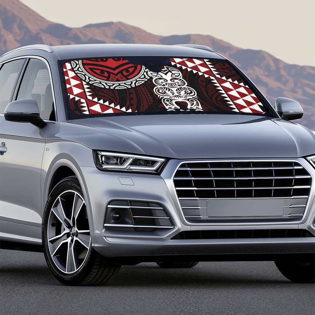 Red Aotearoa Niho Taniwha Auto Sun Shade Maori Mythology Tooth - Taniko Motifs LT14 - Polynesian Pride