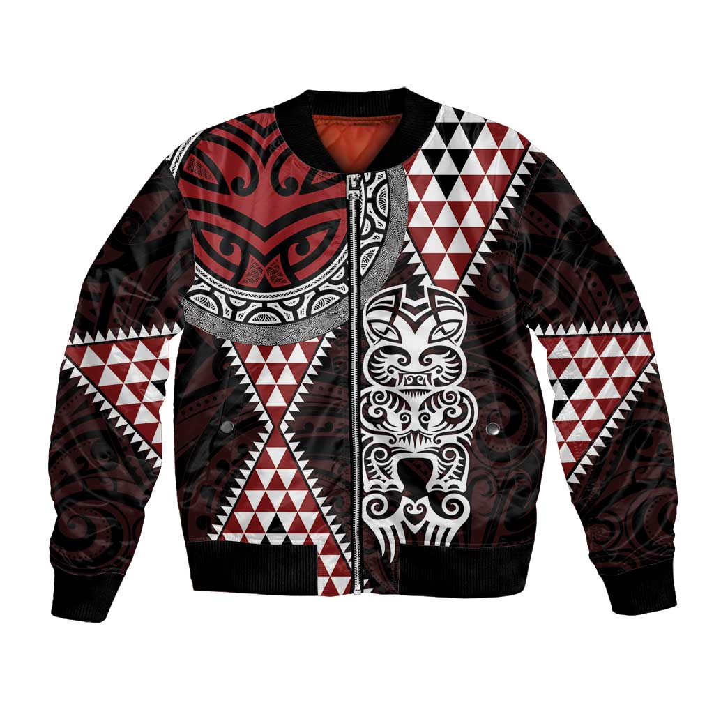 Red Aotearoa Niho Taniwha Bomber Jacket Maori Mythology Tooth - Taniko Motifs