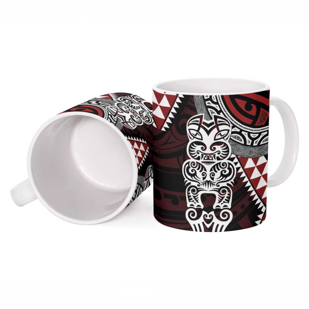 Red Aotearoa Niho Taniwha Ceramic Mug Maori Mythology Tooth - Taniko Motifs - Polynesian Pride