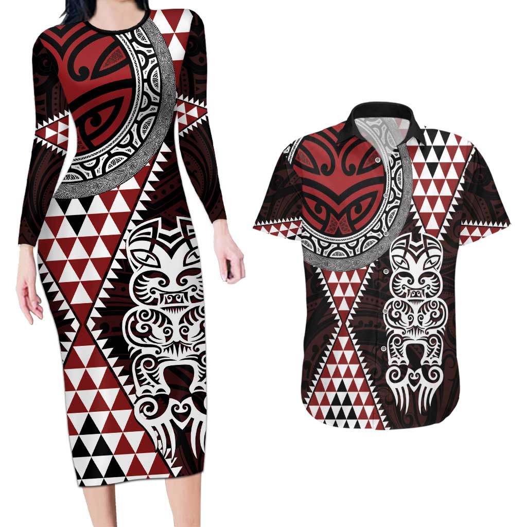 Red Aotearoa Niho Taniwha Couples Matching Long Sleeve Bodycon Dress and Hawaiian Shirt Maori Mythology Tooth - Taniko Motifs