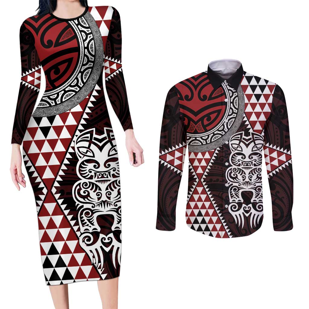 Red Aotearoa Niho Taniwha Couples Matching Long Sleeve Bodycon Dress and Long Sleeve Button Shirt Maori Mythology Tooth - Taniko Motifs