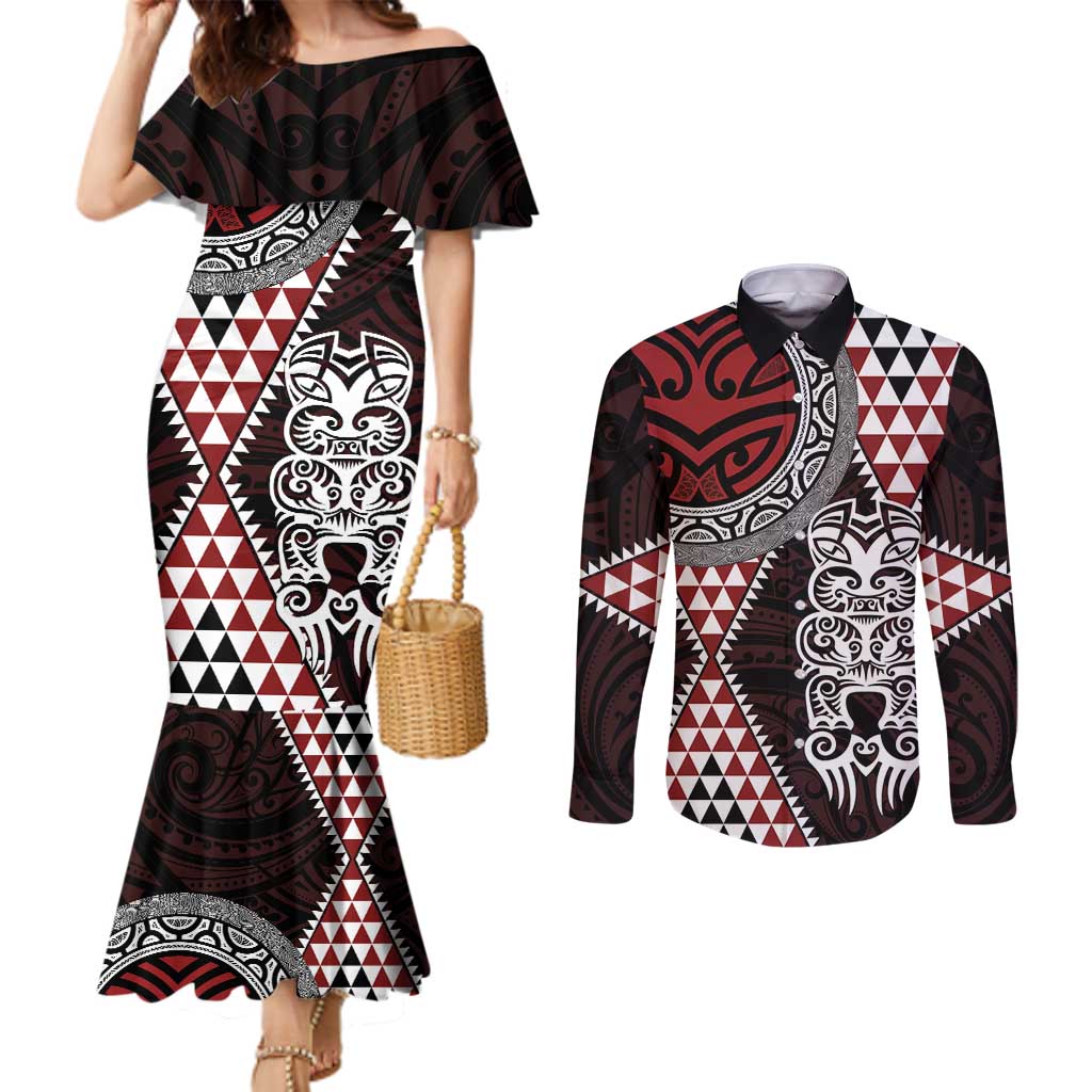 Red Aotearoa Niho Taniwha Couples Matching Mermaid Dress and Long Sleeve Button Shirt Maori Mythology Tooth - Taniko Motifs