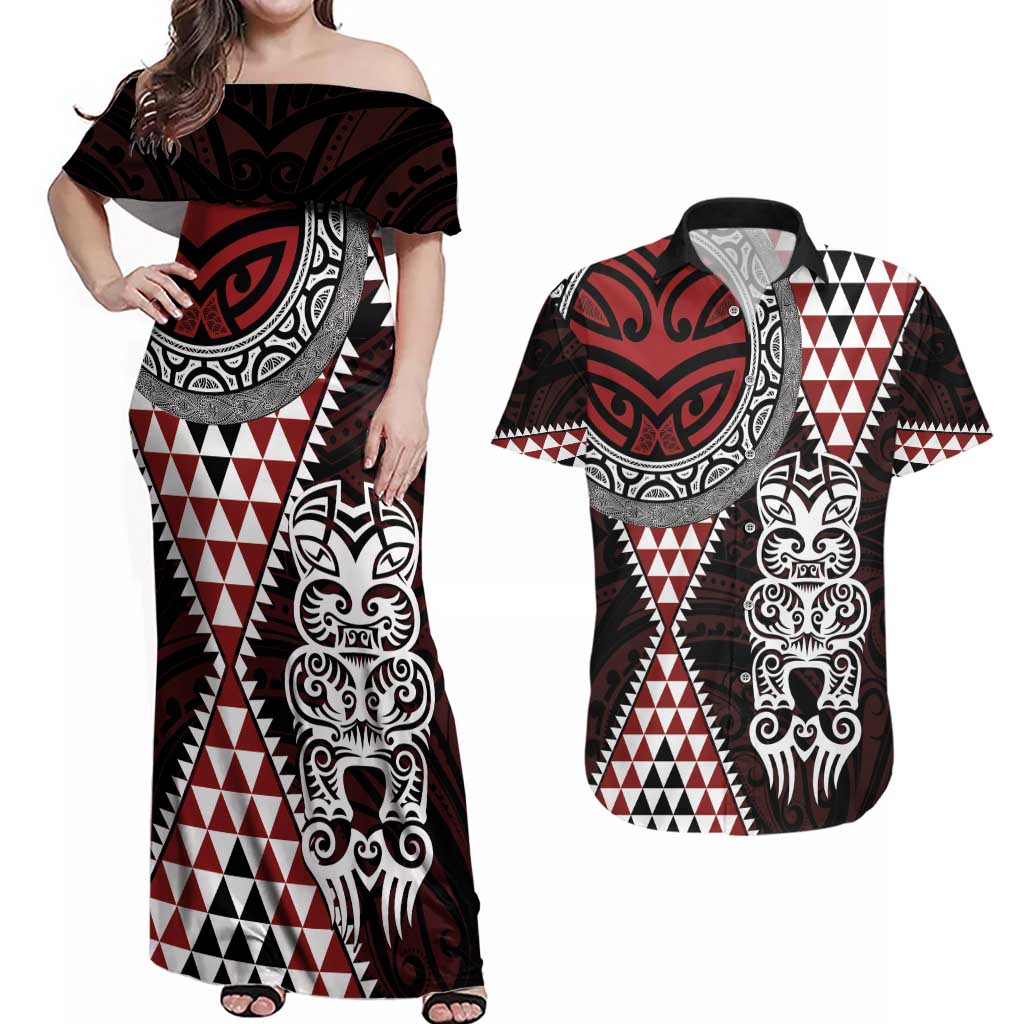 Red Aotearoa Niho Taniwha Couples Matching Off Shoulder Maxi Dress and Hawaiian Shirt Maori Mythology Tooth - Taniko Motifs