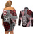 Red Aotearoa Niho Taniwha Couples Matching Off Shoulder Short Dress and Long Sleeve Button Shirt Maori Mythology Tooth - Taniko Motifs