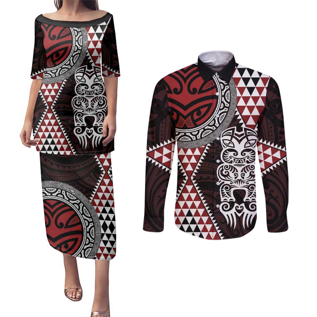 Red Aotearoa Niho Taniwha Couples Matching Puletasi and Long Sleeve Button Shirt Maori Mythology Tooth - Taniko Motifs