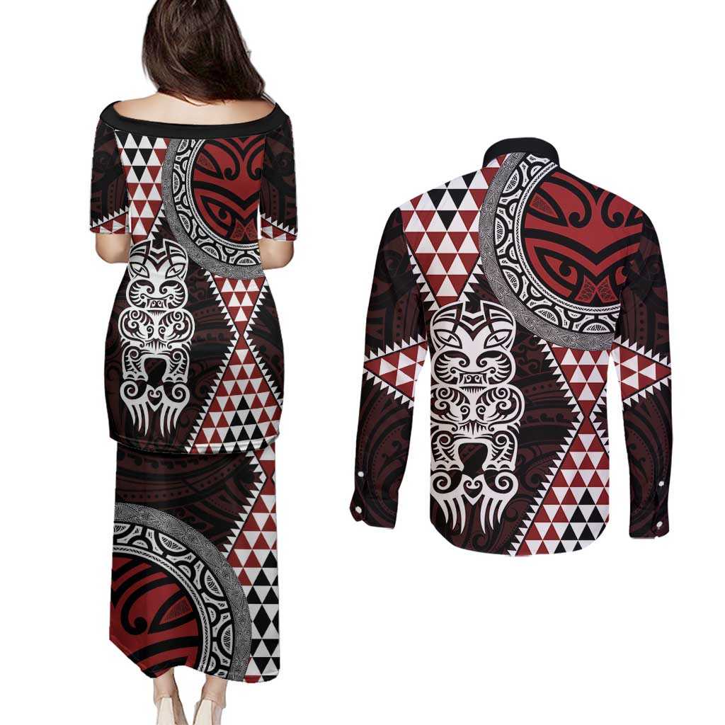 Red Aotearoa Niho Taniwha Couples Matching Puletasi and Long Sleeve Button Shirt Maori Mythology Tooth - Taniko Motifs LT14 - Polynesian Pride