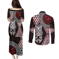Red Aotearoa Niho Taniwha Couples Matching Puletasi and Long Sleeve Button Shirt Maori Mythology Tooth - Taniko Motifs LT14 - Polynesian Pride