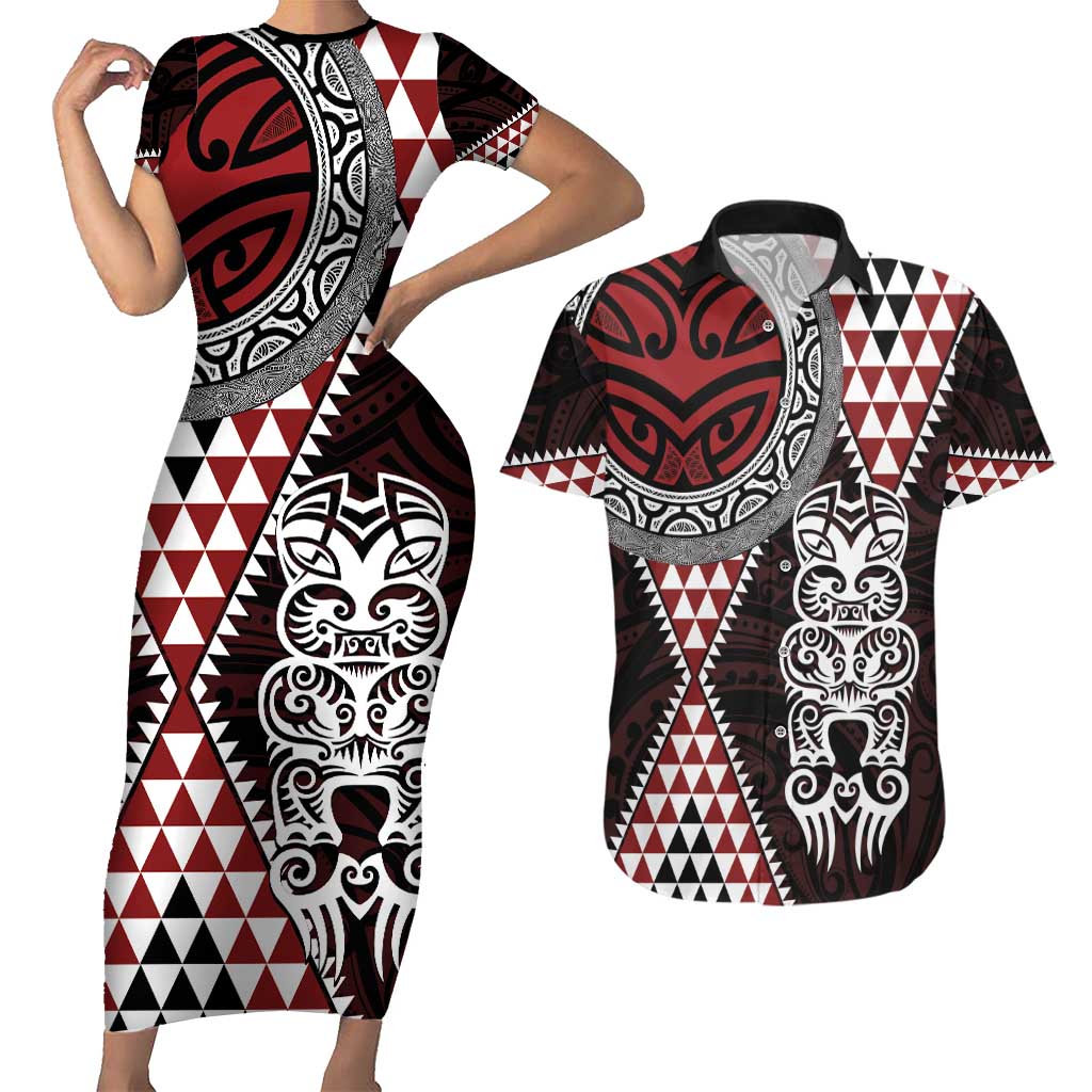 Red Aotearoa Niho Taniwha Couples Matching Short Sleeve Bodycon Dress and Hawaiian Shirt Maori Mythology Tooth - Taniko Motifs