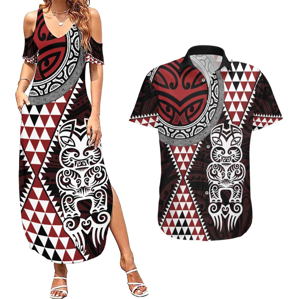 Red Aotearoa Niho Taniwha Couples Matching Summer Maxi Dress and Hawaiian Shirt Maori Mythology Tooth - Taniko Motifs