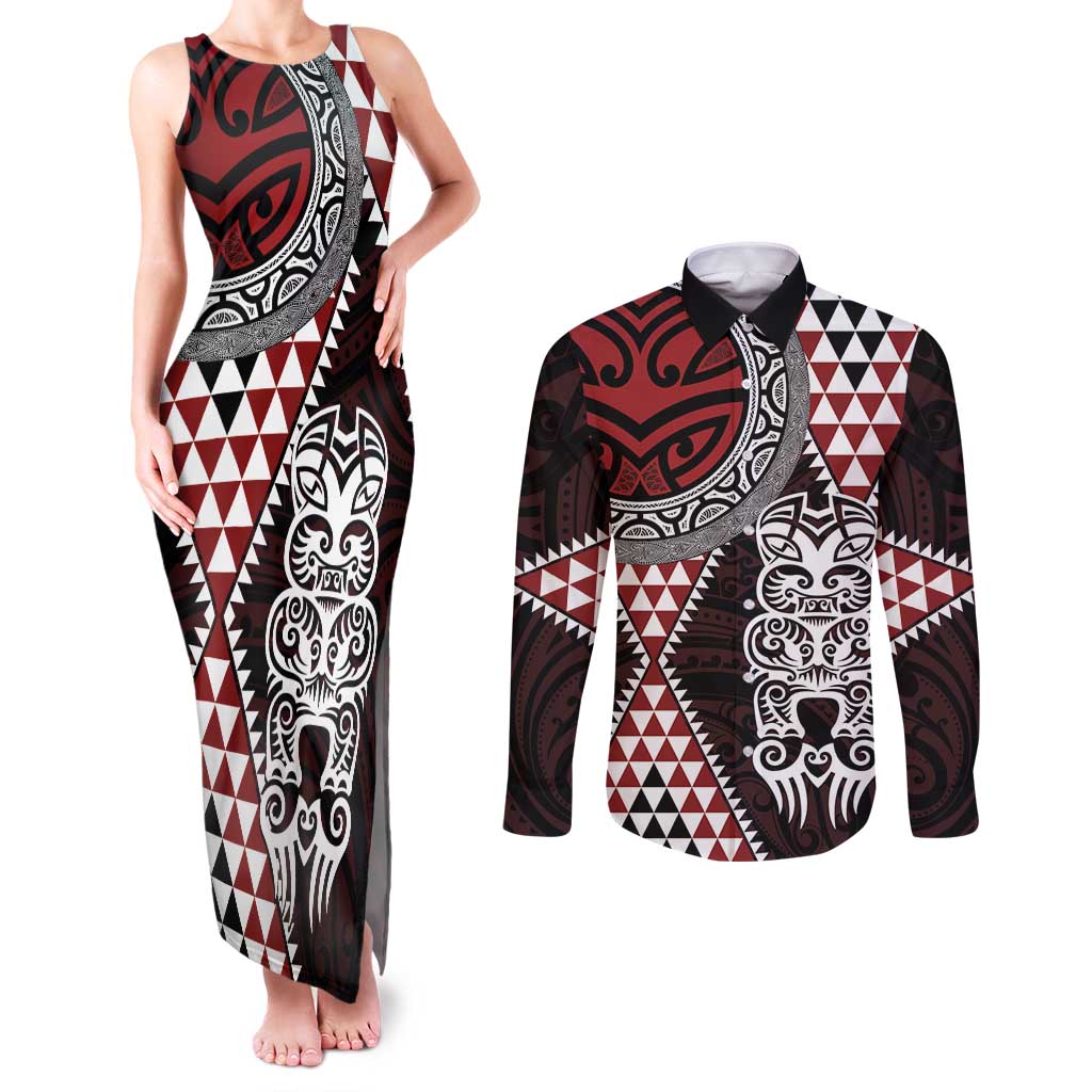 Red Aotearoa Niho Taniwha Couples Matching Tank Maxi Dress and Long Sleeve Button Shirt Maori Mythology Tooth - Taniko Motifs