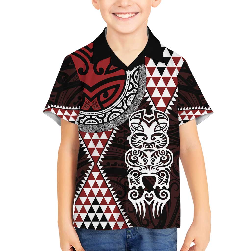 Red Aotearoa Niho Taniwha Family Matching Long Sleeve Bodycon Dress and Hawaiian Shirt Maori Mythology Tooth - Taniko Motifs