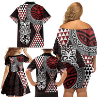 Red Aotearoa Niho Taniwha Family Matching Off Shoulder Short Dress and Hawaiian Shirt Maori Mythology Tooth - Taniko Motifs
