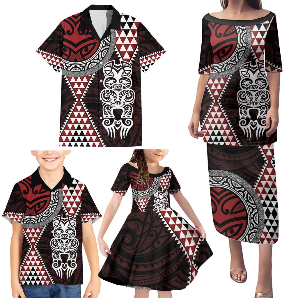 Red Aotearoa Niho Taniwha Family Matching Puletasi and Hawaiian Shirt Maori Mythology Tooth - Taniko Motifs