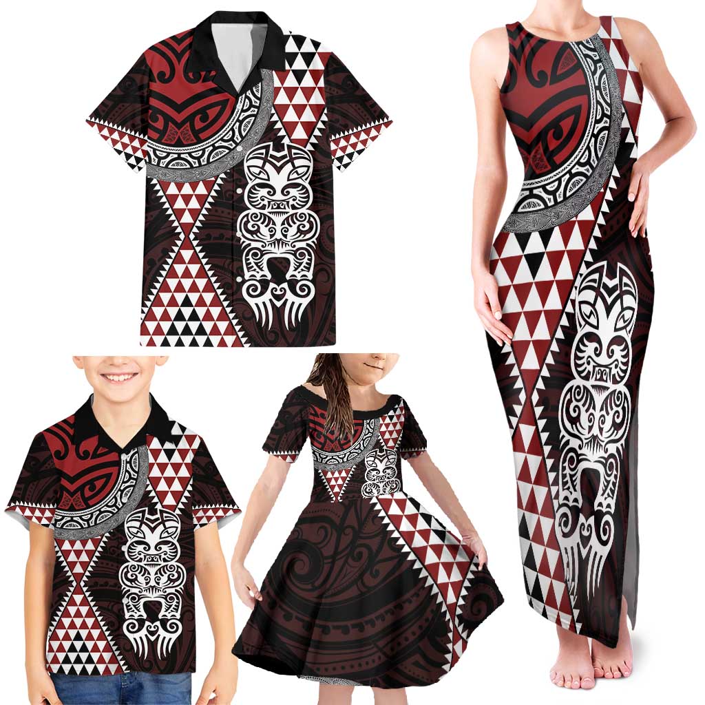 Red Aotearoa Niho Taniwha Family Matching Tank Maxi Dress and Hawaiian Shirt Maori Mythology Tooth - Taniko Motifs