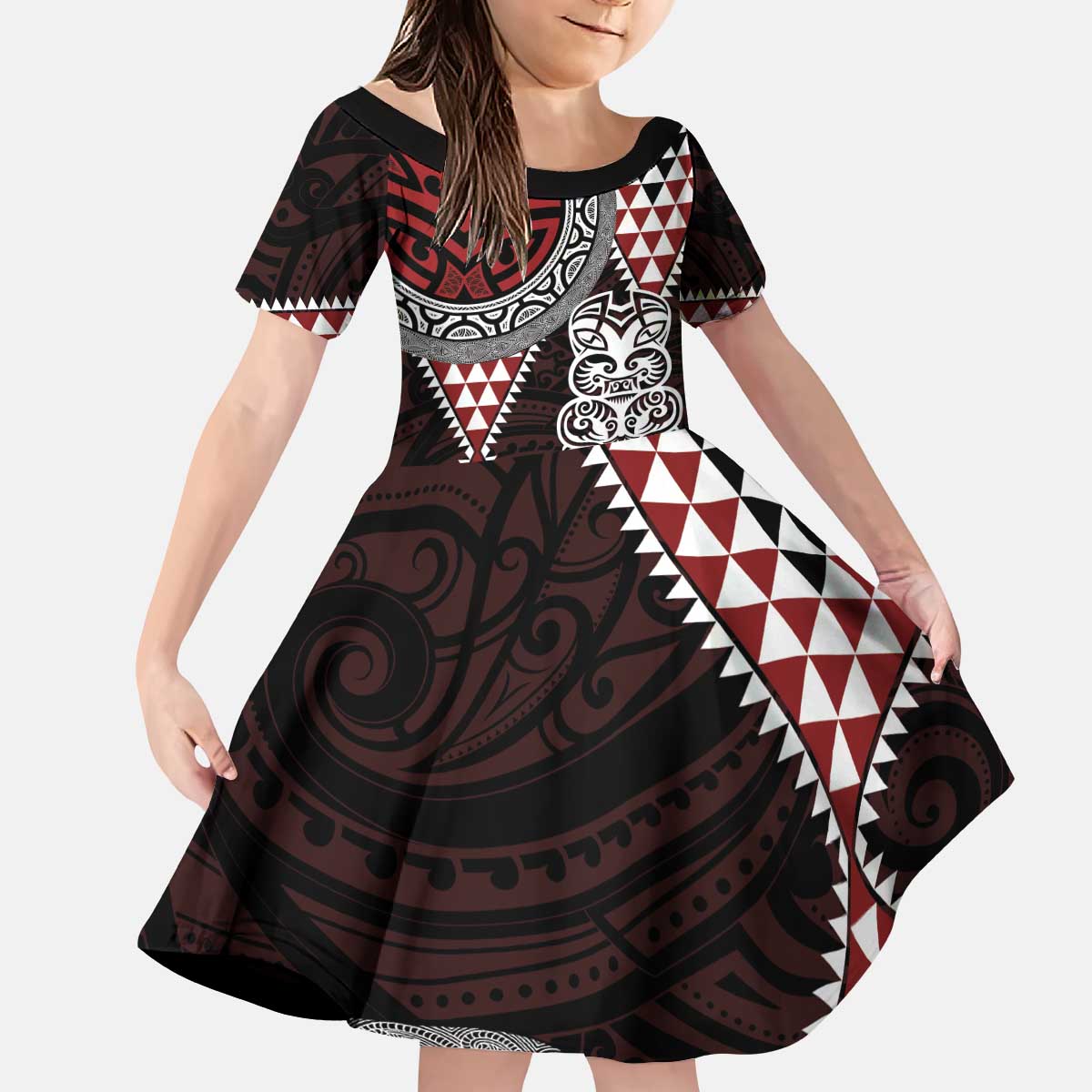 Red Aotearoa Niho Taniwha Kid Short Sleeve Dress Maori Mythology Tooth - Taniko Motifs