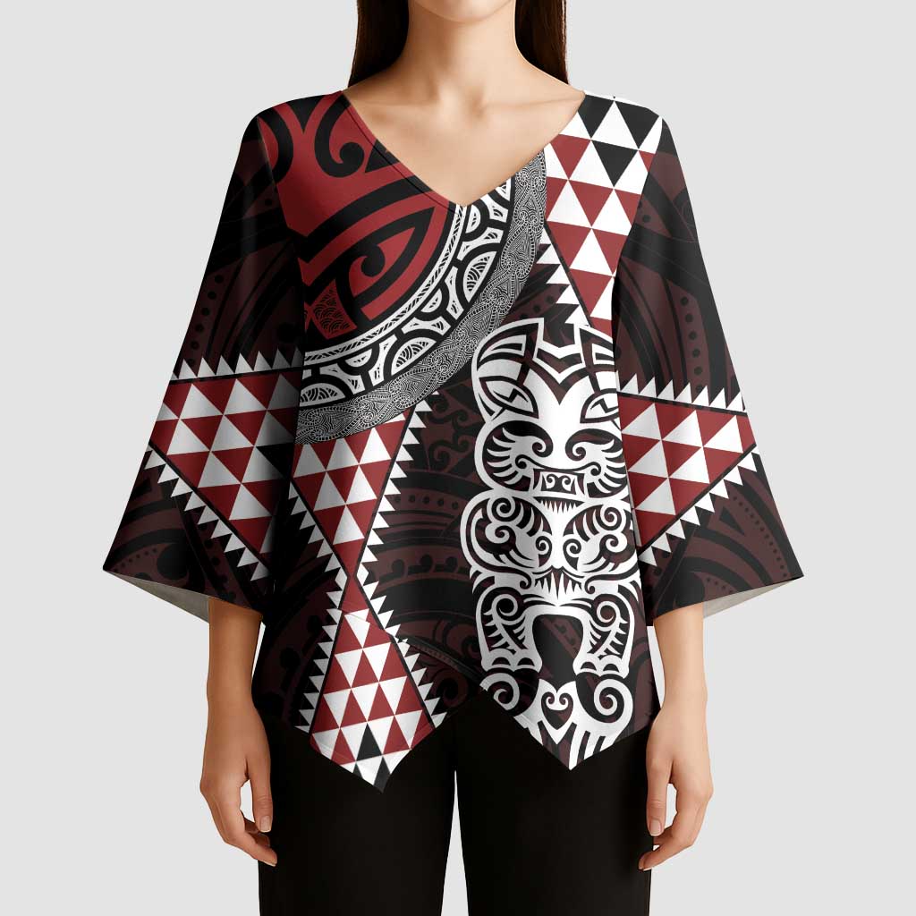 Red Aotearoa Niho Taniwha Kimono Sleeve Blouse Maori Mythology Tooth - Taniko Motifs - Polynesian Pride