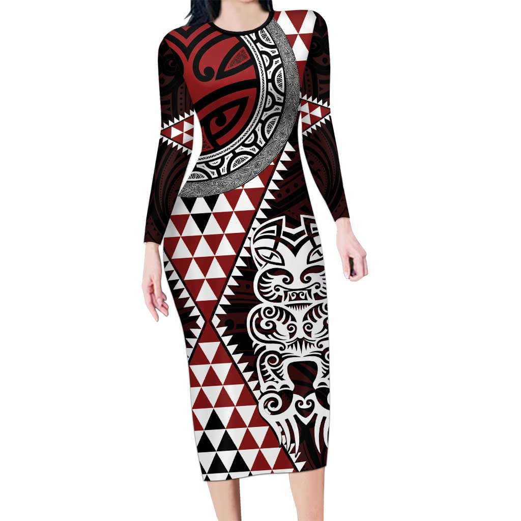 Red Aotearoa Niho Taniwha Long Sleeve Bodycon Dress Maori Mythology Tooth - Taniko Motifs