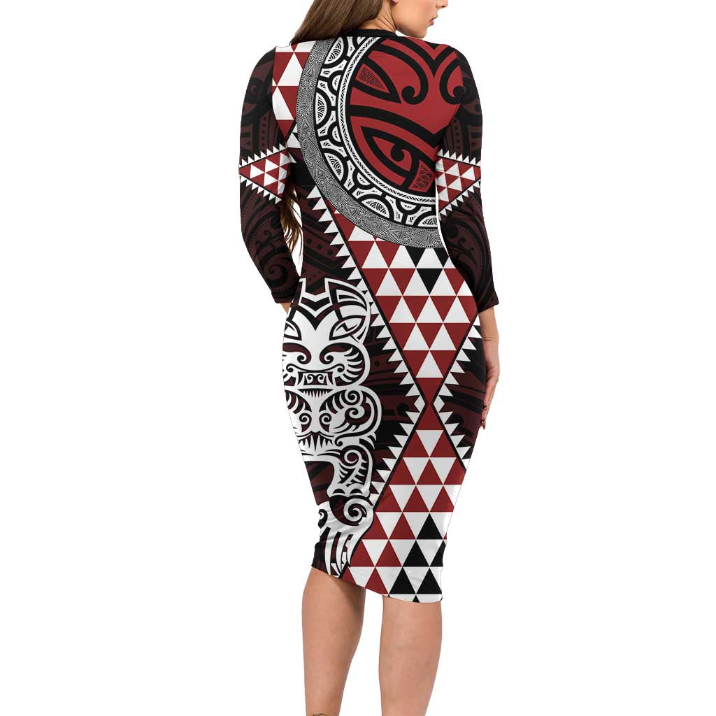 Red Aotearoa Niho Taniwha Long Sleeve Bodycon Dress Maori Mythology Tooth - Taniko Motifs