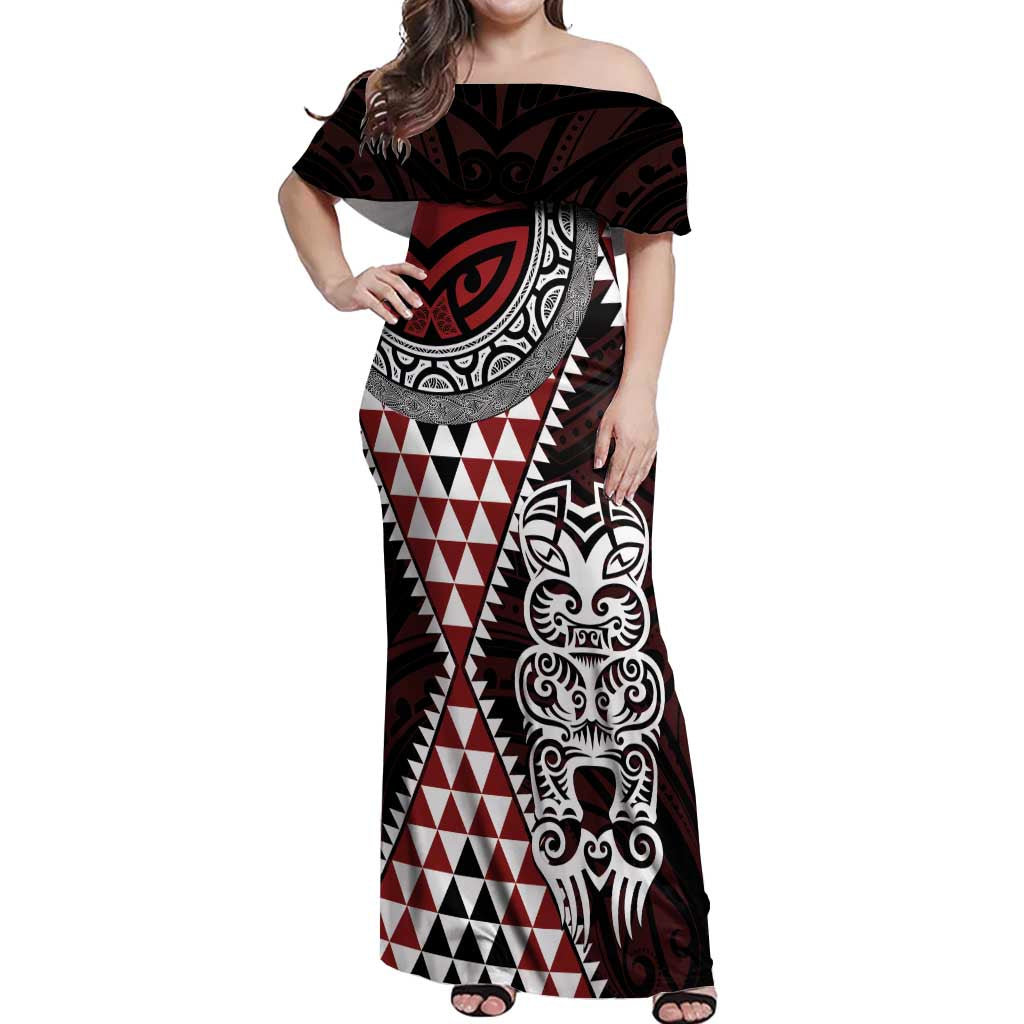 Red Aotearoa Niho Taniwha Off Shoulder Maxi Dress Maori Mythology Tooth - Taniko Motifs