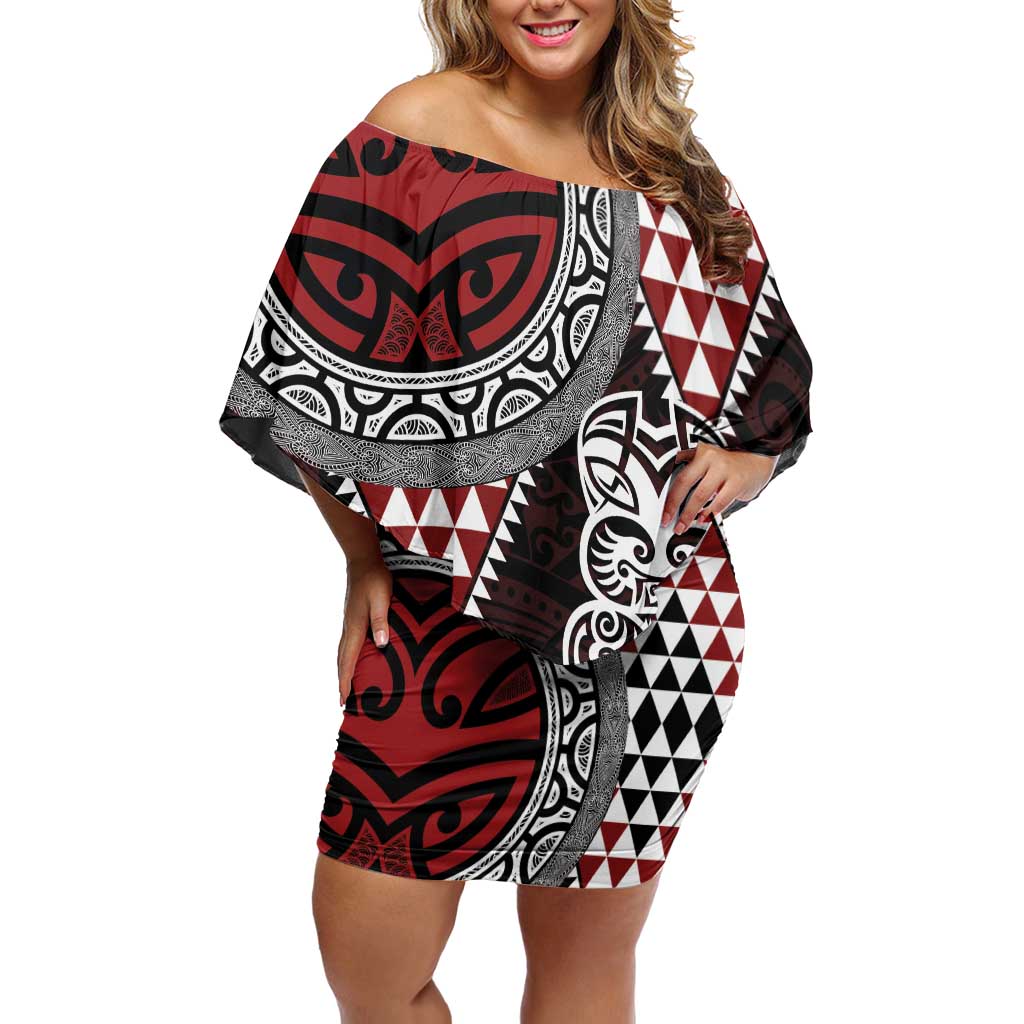 Red Aotearoa Niho Taniwha Off Shoulder Short Dress Maori Mythology Tooth - Taniko Motifs