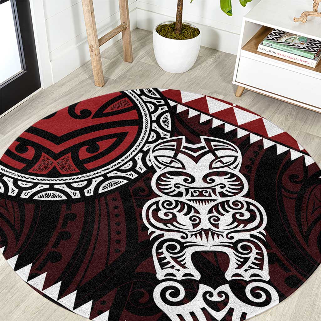 Red Aotearoa Niho Taniwha Round Carpet Maori Mythology Tooth - Taniko Motifs