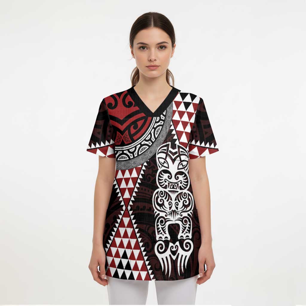 Red Aotearoa Niho Taniwha Scrub Top Maori Mythology Tooth - Taniko Motifs - Polynesian Pride