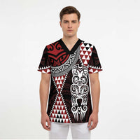 Red Aotearoa Niho Taniwha Scrub Top Maori Mythology Tooth - Taniko Motifs - Polynesian Pride