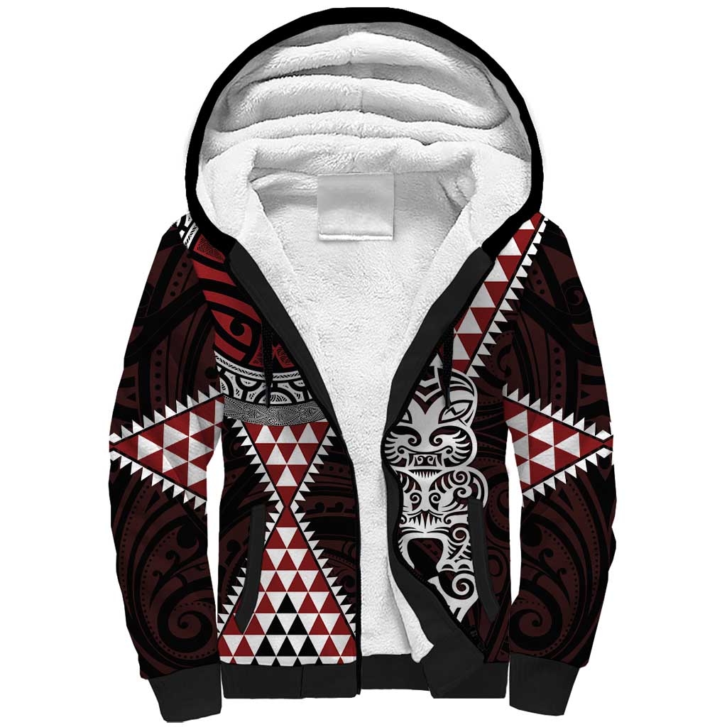 Red Aotearoa Niho Taniwha Sherpa Hoodie Maori Mythology Tooth - Taniko Motifs