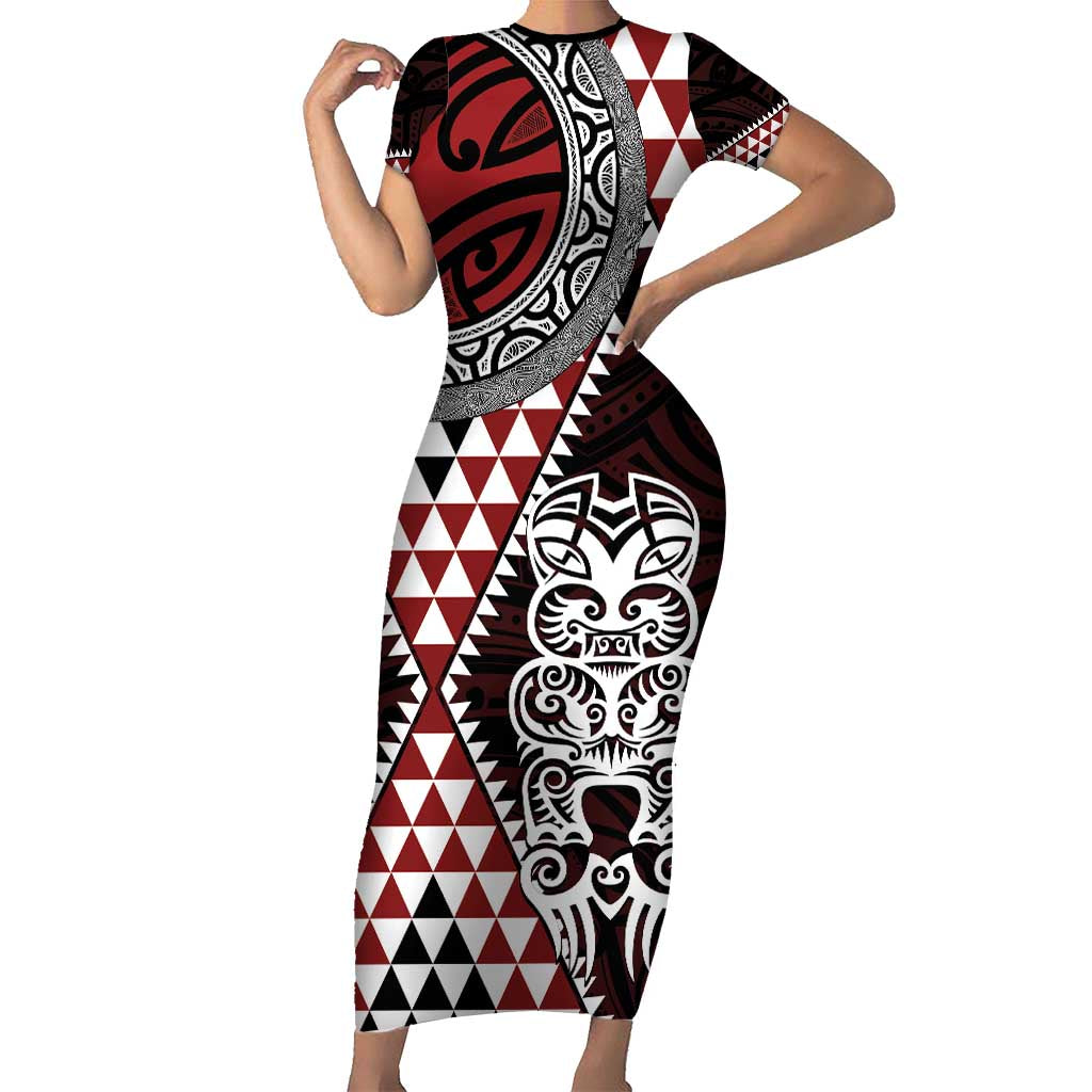 Red Aotearoa Niho Taniwha Short Sleeve Bodycon Dress Maori Mythology Tooth - Taniko Motifs