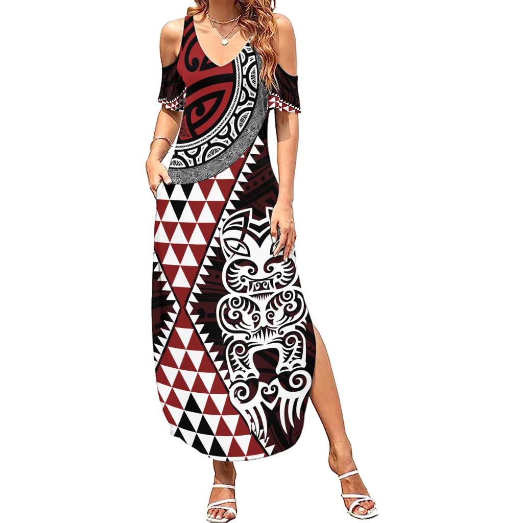 Red Aotearoa Niho Taniwha Summer Maxi Dress Maori Mythology Tooth - Taniko Motifs