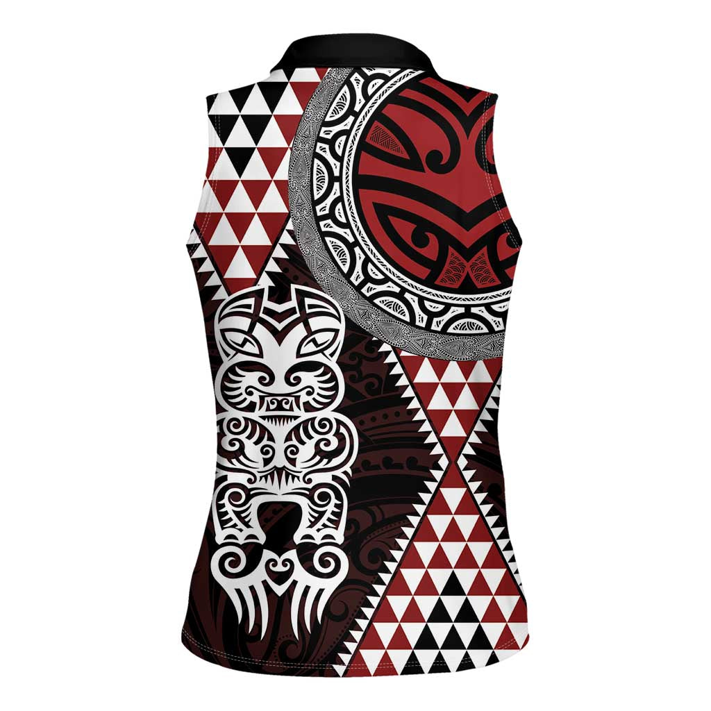 Red Aotearoa Niho Taniwha Women Sleeveless Polo Shirt Maori Mythology Tooth - Taniko Motifs