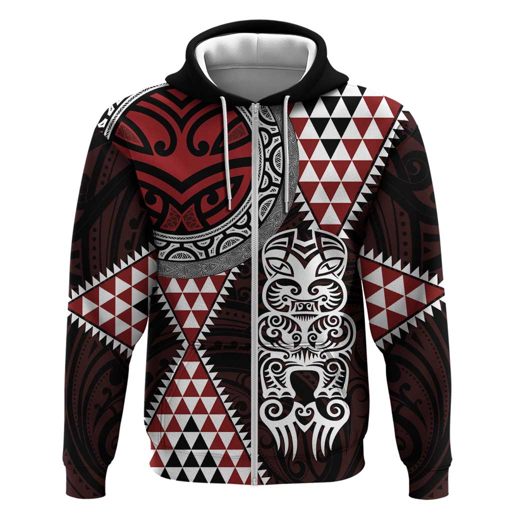 Red Aotearoa Niho Taniwha Zip Hoodie Maori Mythology Tooth - Taniko Motifs