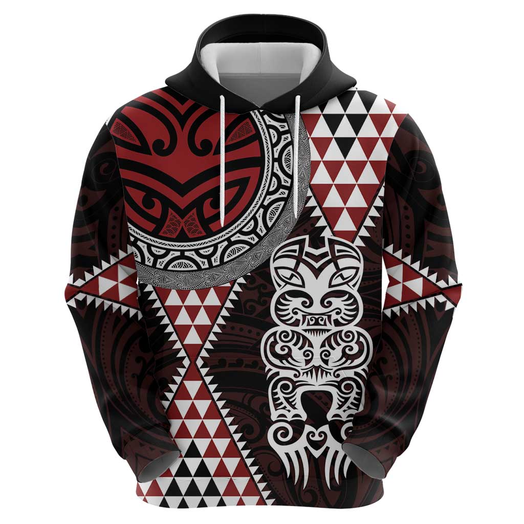 Red Aotearoa Niho Taniwha Zip Hoodie Maori Mythology Tooth - Taniko Motifs
