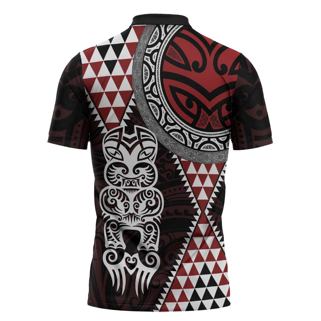 Red Aotearoa Niho Taniwha Zipper Polo Shirt Maori Mythology Tooth - Taniko Motifs - Polynesian Pride