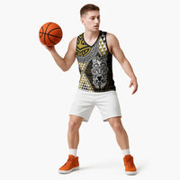 Yellow Aotearoa Niho Taniwha Basketball Jersey Maori Mythology Tooth - Taniko Motifs - Polynesian Pride