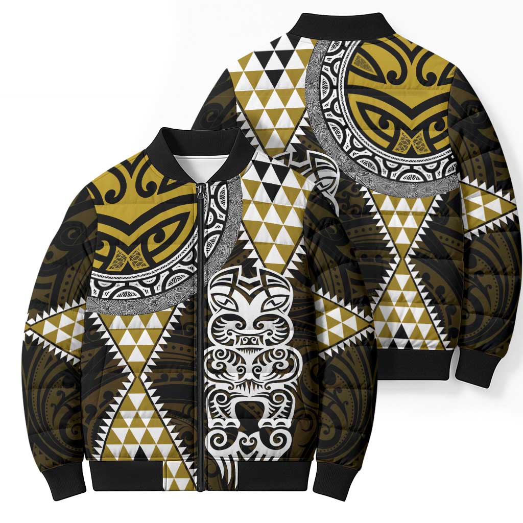 Yellow Aotearoa Niho Taniwha Bomber Puffer Jacket Maori Mythology Tooth - Taniko Motifs LT14 - Polynesian Pride