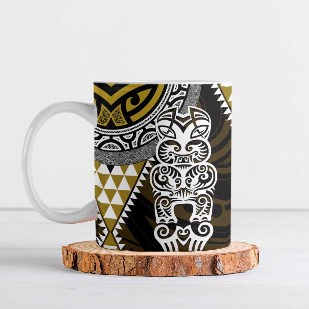 Yellow Aotearoa Niho Taniwha Ceramic Mug Maori Mythology Tooth - Taniko Motifs - Polynesian Pride