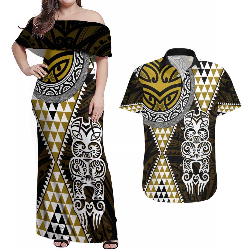 Yellow Aotearoa Niho Taniwha Couples Matching Off Shoulder Maxi Dress and Hawaiian Shirt Maori Mythology Tooth - Taniko Motifs