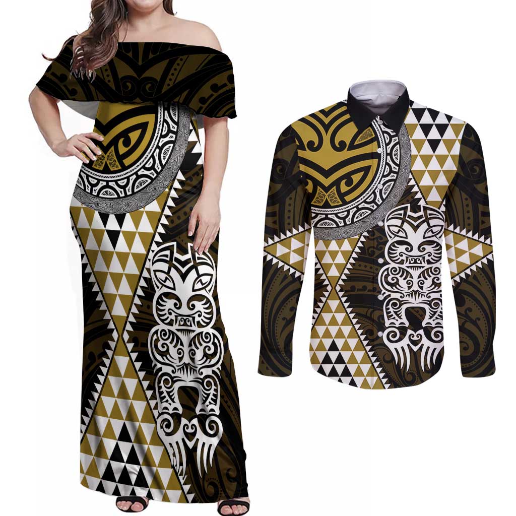 Yellow Aotearoa Niho Taniwha Couples Matching Off Shoulder Maxi Dress and Long Sleeve Button Shirt Maori Mythology Tooth - Taniko Motifs