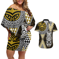 Yellow Aotearoa Niho Taniwha Couples Matching Off Shoulder Short Dress and Hawaiian Shirt Maori Mythology Tooth - Taniko Motifs