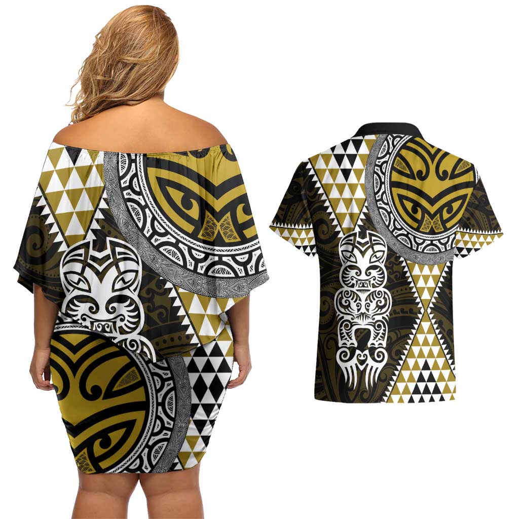Yellow Aotearoa Niho Taniwha Couples Matching Off Shoulder Short Dress and Hawaiian Shirt Maori Mythology Tooth - Taniko Motifs