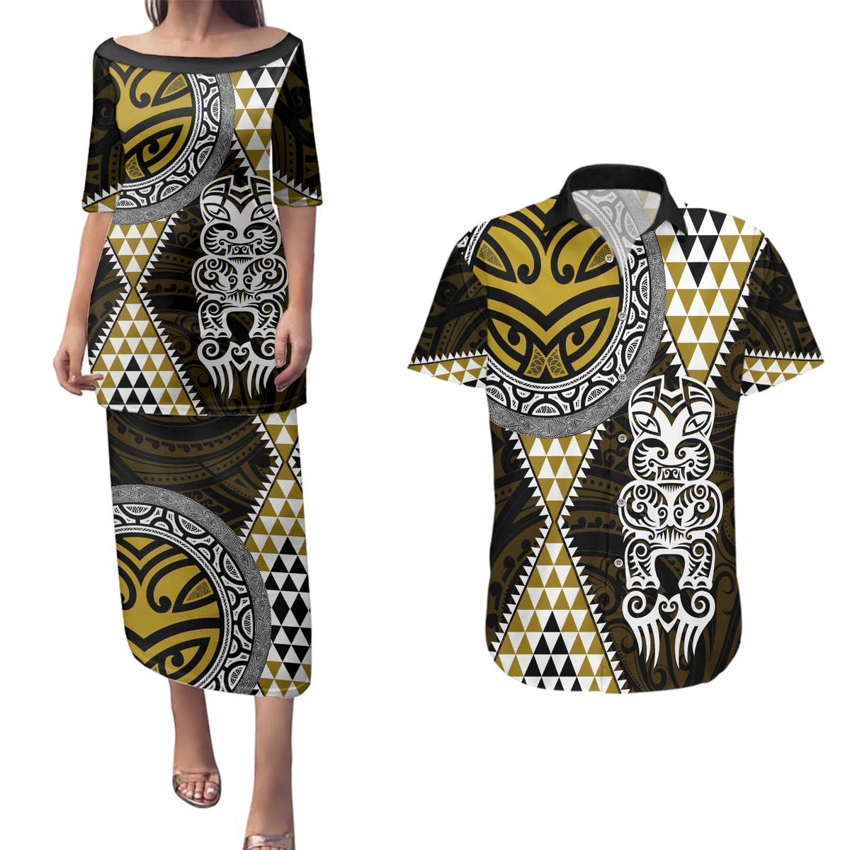 Yellow Aotearoa Niho Taniwha Couples Matching Puletasi and Hawaiian Shirt Maori Mythology Tooth - Taniko Motifs