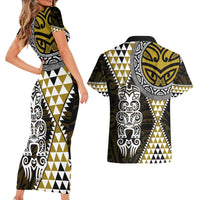 Yellow Aotearoa Niho Taniwha Couples Matching Short Sleeve Bodycon Dress and Hawaiian Shirt Maori Mythology Tooth - Taniko Motifs
