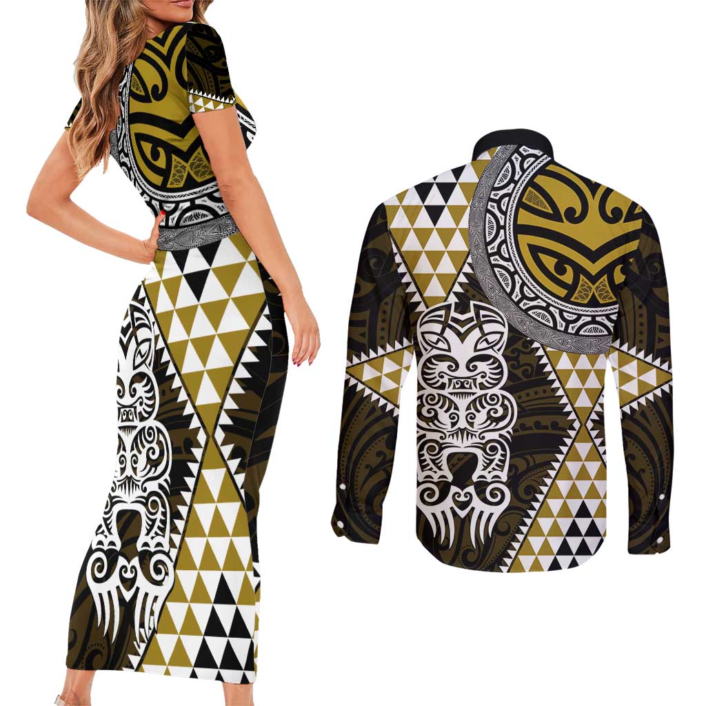 Yellow Aotearoa Niho Taniwha Couples Matching Short Sleeve Bodycon Dress and Long Sleeve Button Shirt Maori Mythology Tooth - Taniko Motifs LT14 - Polynesian Pride