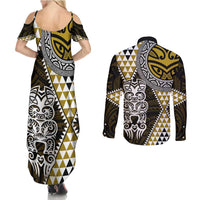 Yellow Aotearoa Niho Taniwha Couples Matching Summer Maxi Dress and Long Sleeve Button Shirt Maori Mythology Tooth - Taniko Motifs